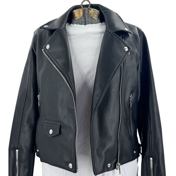 Blank NYC Moto Biker Rocker Jacket Black Faux Leather Asymmetric Zip Womens Sz S - Picture 5 of 13